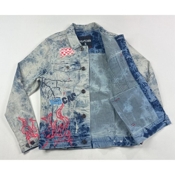 Makobi Men Small Denim Jean Jacket Acid Wash Light Blue Painted Distressed M1052 - Picture 7 of 11